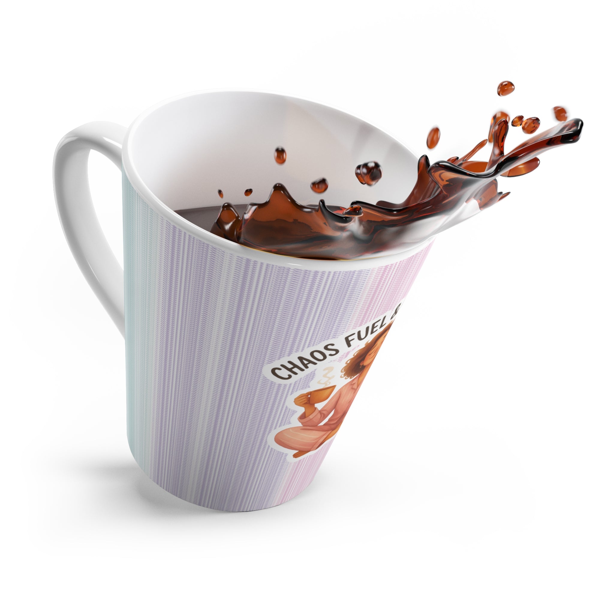 Chaos Fuel & Coping Juice Latte Mug | Pastel Stripes, Relaxed Meditating Figure