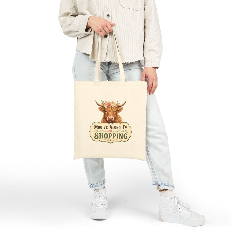 Tote Bag — “Moo’ve Along, I’m Shopping” Floral Cow Canvas Tote