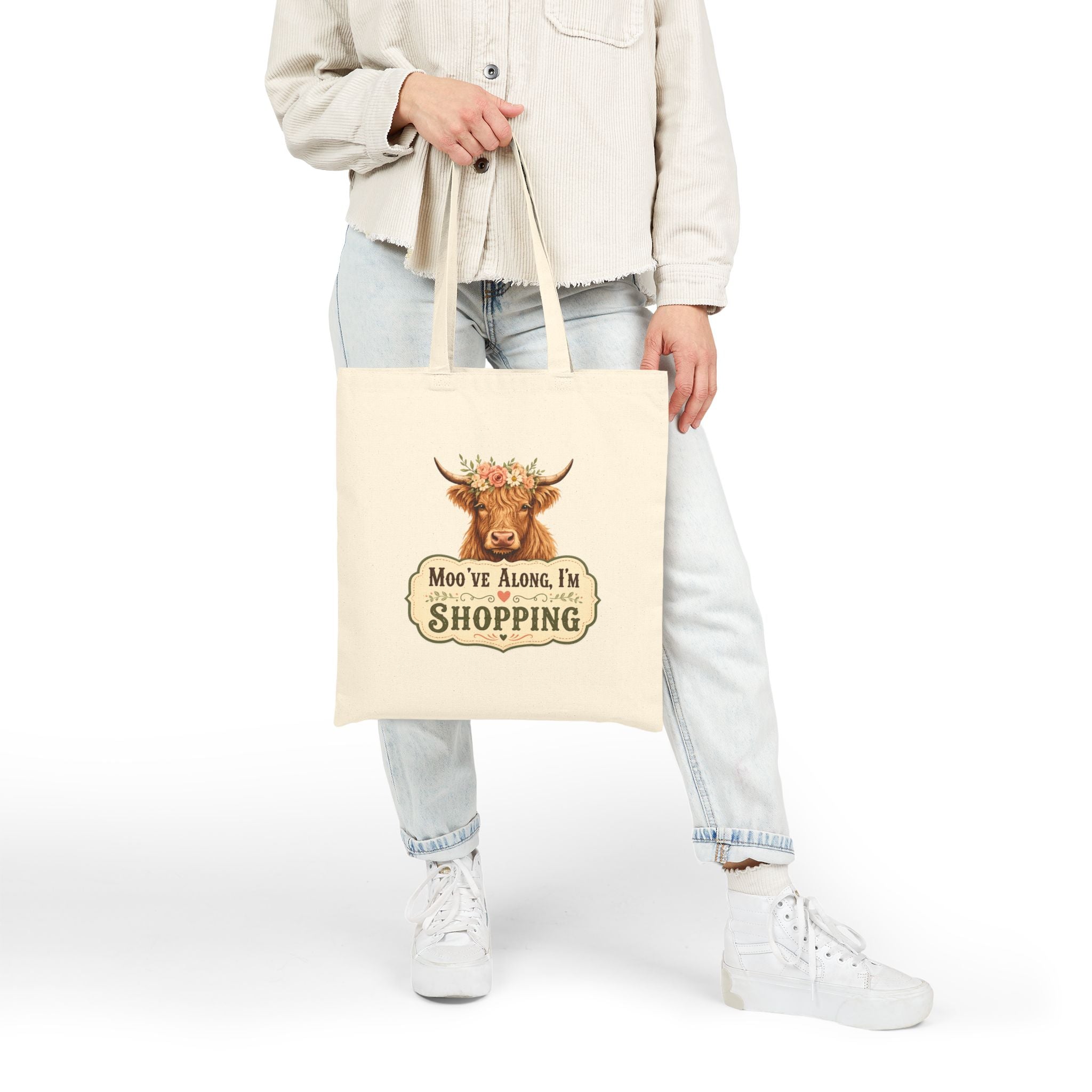 Tote Bag — “Moo’ve Along, I’m Shopping” Floral Cow Canvas Tote