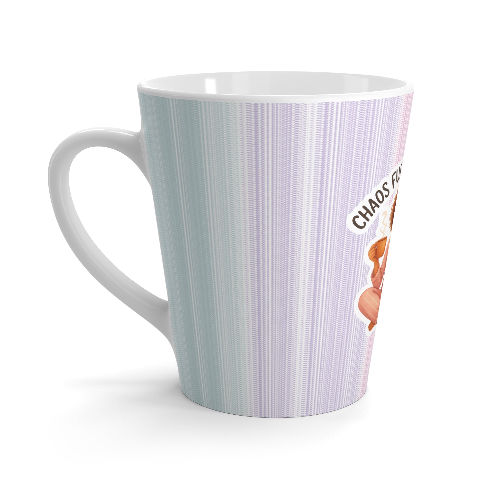 Chaos Fuel & Coping Juice Latte Mug | Pastel Stripes, Relaxed Meditating Figure