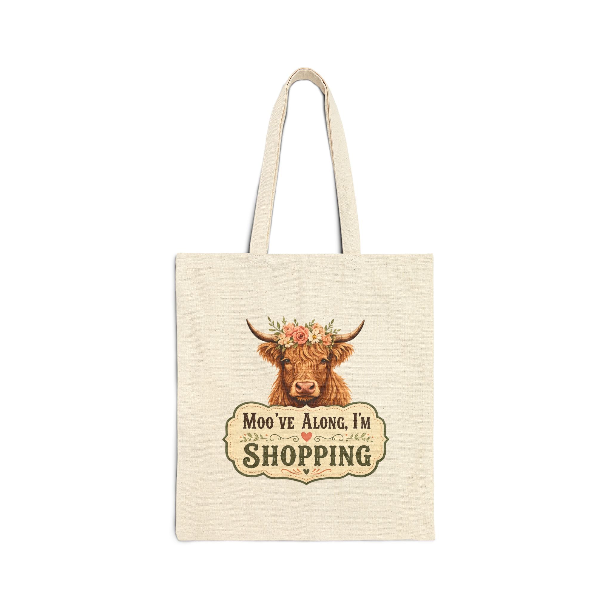 Tote Bag — “Moo’ve Along, I’m Shopping” Floral Cow Canvas Tote